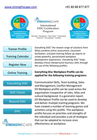 www.strengthscape.com

Trainer Profile

Training Calendar
Register Now

+91 80 88 877 877

Everything DiSC® the newest range of solutions from
Wiley combine online assessment, classroom
facilitation, and post-training follow-up reports to
create powerful, personalized workplace
development experiences. Everything DiSC® helps
develop critical interpersonal business skills through
the use of the following profiles:

Online Training

Everything Disc Workplace Profile can be
applied for the following training programs:

Everything DiSC

Communication Skills, Team building, Sales
and Management, Conflict Management
ED Workplace profile can be used across the
organization irrespective of roles, titles and
cultural background. It a generalist report.
ED Workplace Profile can be used to develop
and deliver multiple training programs. We
have created a number of learning games and
activities using this profile. This workplace
profile focuses on priorities and strengths of
the individual and provides a set of strategies
that can be adopted to increase ones
effectiveness at workplace.

DiSC Classic

Beyond DiSC
EPIC

Strengthscape is an authorized partner of John Wiley & Sons in India.

 