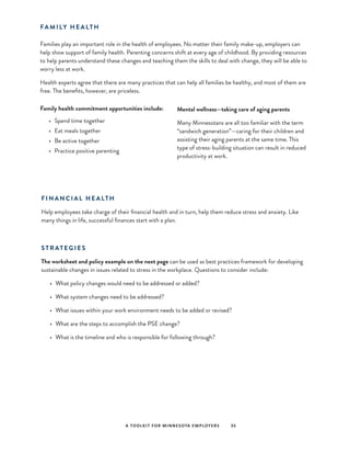 A TOOLKIT FOR MINNESOTA EMPLOYERS 35
FA M I LY H E A LT H
Families play an important role in the health of employees. No matter their family make-up, employers can
help show support of family health. Parenting concerns shift at every age of childhood. By providing resources
to help parents understand these changes and teaching them the skills to deal with change, they will be able to
worry less at work.
Health experts agree that there are many practices that can help all families be healthy, and most of them are
free. The benefits, however, are priceless.
Family health commitment opportunities include:
•	 Spend time together
•	 Eat meals together
•	 Be active together
•	 Practice positive parenting
Mental wellness—taking care of aging parents
Many Minnesotans are all too familiar with the term
“sandwich generation”—caring for their children and
assisting their aging parents at the same time. This
type of stress-building situation can result in reduced
productivity at work.
F I N A N C I A L H E A LT H
Help employees take charge of their financial health and in turn, help them reduce stress and anxiety. Like
many things in life, successful finances start with a plan.
S T R AT E G I E S
The worksheet and policy example on the next page can be used as best practices framework for developing
sustainable changes in issues related to stress in the workplace. Questions to consider include:
•	 What policy changes would need to be addressed or added?
•	 What system changes need to be addressed?
•	 What issues within your work environment needs to be added or revised?
•	 What are the steps to accomplish the PSE change?
•	 What is the timeline and who is responsible for following through?
 