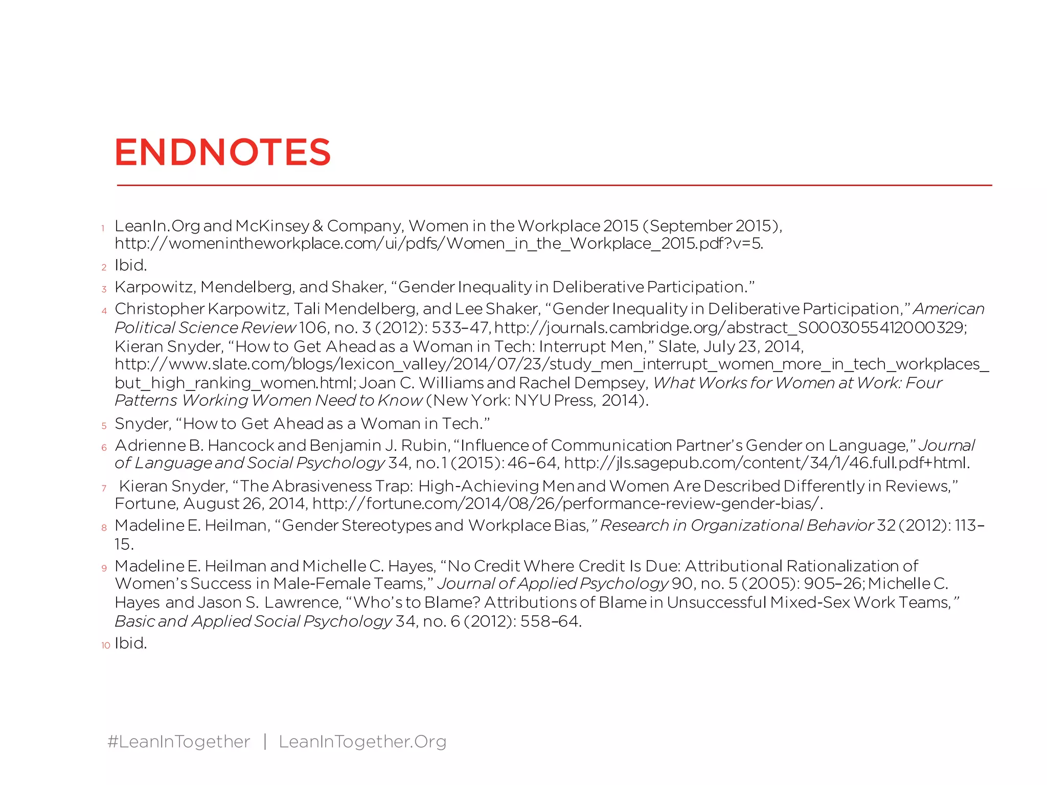 #LeanInTogether | LeanInTogether.Org
9. For a review of research see LaurieA. Rudman et al., &ldquo;Reactionsto Vanguards: Advancesin Backlash Theory,&rdquo; in
Advances in Experimental Social Psychology, ed. Patricia Devineand AshbyPlant(San Diego: Academic Press,
2012), 167; LaurieA. Rudman, &ldquo;Self-Promotion asa Risk Factor for Women: TheCosts and Benefits of
Counterstereotypical Impression Management,&rdquo; Journal of Personality and Social Psychology 74, no. 3 (1998): 629&ndash;
45.
10. Research cited by Katty Kay and Claire Shipman, &ldquo;TheConfidenceGap,&rdquo; Atlantic,May2014,
http://www.theatlantic.com/features/archive/2014/04/the-confidence-gap/359815/. Seealso Lydia Frank, &ldquo;How
the GenderPay Gap Widensas Women Get Promoted,&rdquo; Harvard BusinessReview, November5, 2015,
https://hbr.org/2015/11/how-the-gender-pay-gap-widens-as-women-get-promoted.
11. Joan C. Williamsand Rachel Dempsey, WhatWorksfor Women at Work: FourPatterns Working Women Need to
Know (NewYork: NYUPress, 2014).
12. ShelleyCorrell and CarolineSimard, &ldquo;Research: VagueFeedback Is Holding Women Back,&rdquo; Harvard Business
Review, April 29, 2016, https://hbr.org/2016/04/research-vague-feedback-is-holding-women-back.
13. For a review of research see Carol T. Kulik, Isabel Metz, and Jill A. Gould, &ldquo;IntheCompanyof Women: TheWell-
Being Consequencesof Working with (and for) Women,&rdquo; in Handbook on Well-Being of Working Women,ed. Mary
L. Connerleyand Jiyun Wu (NewYork: Springer, 2016), 189; Sarah Dinolfo, ChristineSilva, and NancyM. Carter,
High-Potentialsin thePipeline: LeadersPay It Forward, Catalyst (2012); K. E. O&rsquo;Brien, A. Biga,S. R. Kessler, and T.
D. Allen, &ldquo;A Meta-Analytic Investigation of GenderDifferencesin Mentoring,&rdquo; Journal of Management36, no. 2
(2010): 537&ndash;54, http://jom.sagepub.com/content/36/2/537.short.
14. Herminia Ibarra, NancyM. Carter, and ChristineSilva, &ldquo;WhyMen Still GetMorePromotionsThan Women,&rdquo; Harvard
BusinessReview, September 2010, https://hbr.org/2010/09/why-men-still-get-more-promotions-than-women
ENDNOTES
 