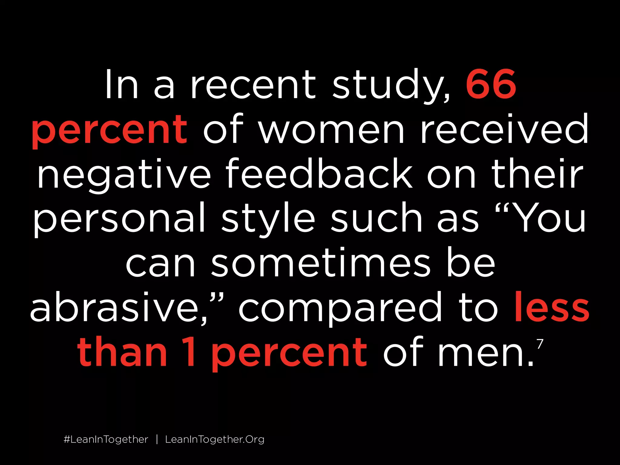 #LeanInTogether | LeanInTogether.Org
2 CHALLENGE THE LIKEABILITY PENALTY
SITUATION
Men are expected to be assertive, so coworkers welcome their
leadership. In contrast, women are expected to be nurturing and
collaborative, so when we lead, we go against expectations&mdash;and
often face pushback from men and women.
6
This &ldquo;likeability
penalty&rdquo; often surfaces in the way women are described.
SOLUTION
Listen for the language of this likeability penalty. When you hear a
woman called &ldquo;bossy&rdquo; or &ldquo;shrill,&rdquo; ask, &ldquo;Would you have the same
reaction if a man did the same thing?&rdquo; In many cases, the answer
will be no.
 