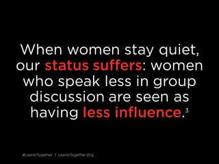 #LeanInTogether | LeanInTogether.Org#LeanInTogether | LeanInTogether.Org
When women stay quiet,
our status suffers: women
who speak less in group
discussion are seen as
having less influence.1
 