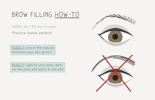 brow filling how-to
HOW do I fill my brows?
Practice makes perfect!
RULE 1: Line in the natural
direction your hair grows!
RULE 2: Light by your eyes, dark
on the arch, and point at the end
 