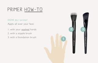 HOW do I prime?
Apply all over your face:
1. with your washed hands
2. with a stipple brush
3. with a foundation brush
1
2 3
primer how-to
 