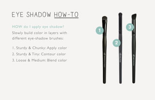 eye shadow how-to
HOW do I apply eye shadow?
Slowly build color in layers with
different eye-shadow brushes:
1. Sturdy & Chunky: Apply color
2. Sturdy & Tiny: Contour color
3. Loose & Medium: Blend color
1
2
3
 
