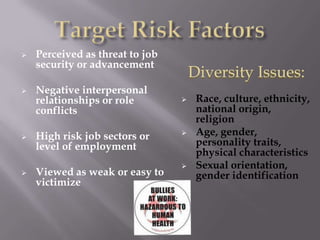    Perceived as threat to job
    security or advancement
                                     Diversity Issues:
   Negative interpersonal
    relationships or role            Race, culture, ethnicity,
    conflicts                         national origin,
                                      religion
   High risk job sectors or         Age, gender,
    level of employment               personality traits,
                                      physical characteristics
                                     Sexual orientation,
   Viewed as weak or easy to         gender identification
    victimize
 