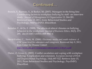 Branch, S., Ramsay, S., & Barker, M. (2007). Managers in the firing line:
         Contributing factors to workplace bullying by staff –an interview
         study. Journal of Management & Organization 13, 264-281.
         Retrieved June 15, 2011, from: Behavioral Studies and
         Psychology, 566PsycINFO, EbscoHost.

Bulutlar, F., & Oz, E. (2009). The effects of ethical climates on bullying
          behavior in the workplace. Journal of Business Ethics, 86(3), 273-
          295. doi:10.1007/s10551-008-9847-4

David-Ferdon, C., Hertz, M. (2008). Electronic media and youth violence: A
         CDC issue brief for educators and caregivers. Retrieved July 9, 2011,
         from Center for Disease Contorl:
         http://www.cdc.gov/violenceprevention/pdf/EA-brief-a.pdf

Dieter, Z, Gross, G. (2001). Conflict escalation and coping with workplace
         bullying: A replication and extension. European Journal of Work
         and Organizational Psychology, 10(4).497-522. Retrieve June 15,
         2011, From Behavioral Studies and Psychology, PsycINFO,
         EbscoHost.
 