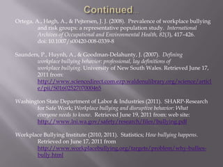 Ortega, A., Høgh, A., & Pejtersen, J. J. (2008). Prevalence of workplace bullying
         and risk groups: a representative population study. International
         Archives of Occupational and Environmental Health, 82(3), 417–426.
         doi: 10.1007/s00420-008-0339-8

Saunders, P., Huynh, A., & Goodman-Delahunty, J. (2007). Defining
        workplace bullying behavior: professional, lay definitions of
        workplace bullying. University of New South Wales. Retrieved June 17,
        2011 from:
        http://www.sciencedirect.com.ezp.waldenulibrary.org/science/articl
        e/pii/S0160252707000465

Washington State Department of Labor & Industries (2011). SHARP-Research
       for Safe Work; Workplace bullying and disruptive behavior: What
       everyone needs to know. Retrieved June 19, 2011 from: web site:
       http://www.lni.wa.gov/safety/research/files/bullying.pdf

Workplace Bullying Institute (2010, 2011). Statistics; How bullying happens.
       Retrieved on June 17, 2011 from
       http://www.workplacebullying.org/targets/problem/why-bullies-
       bully.html
 