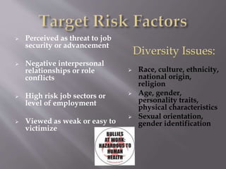  Perceived as threat to job
security or advancement
 Negative interpersonal
relationships or role
conflicts
 High risk job sectors or
level of employment
 Viewed as weak or easy to
victimize
Diversity Issues:
 Race, culture, ethnicity,
national origin,
religion
 Age, gender,
personality traits,
physical characteristics
 Sexual orientation,
gender identification
 