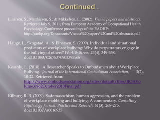 Einarsen, S., Matthiesen, S., & Mikkelsen, E. (2002). Vienna papers and abstracts.
Retrieved July 9, 2011, from European Academy of Occupational Health
Psychology, Conference proceedings of the EAOHP:
http://eaohp.org/Documents/Vienna%20papers%20and%20abstracts.pdf
Hauge, L., Skogstad, A., & Einarsen, S. (2009). Individual and situational
predictors of workplace bullying: Why do perpetrators engage in
the bullying of others? Work & Stress, 23(4), 349-358.
doi:10.1080/02678370903395568
Keashly, L. (2010). A Researcher Speaks to Ombudsmen about Workplace
Bullying. Journal of the International Ombudsman Association, 3(2),
10-22. Retrieved from:
http://www.ombudsassociation.org/sites/default/files/JIOAVo
lume3No2October2010Final.pdf
Kilburg, R. R. (2009). Sadomasochism, human aggression, and the problem
of workplace mobbing and bullying: A commentary. Consulting
Psychology Journal: Practice and Research, 61(3), 268-275.
doi:10.1037/a0016935
 