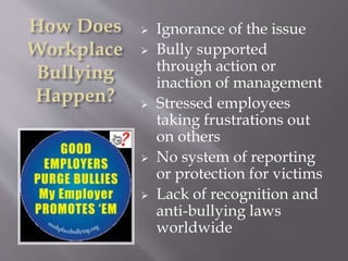 How Does
Workplace
Bullying
Happen?
 Ignorance of the issue
 Bully supported
through action or
inaction of management
 Stressed employees
taking frustrations out
on others
 No system of reporting
or protection for victims
 Lack of recognition and
anti-bullying laws
worldwide
 