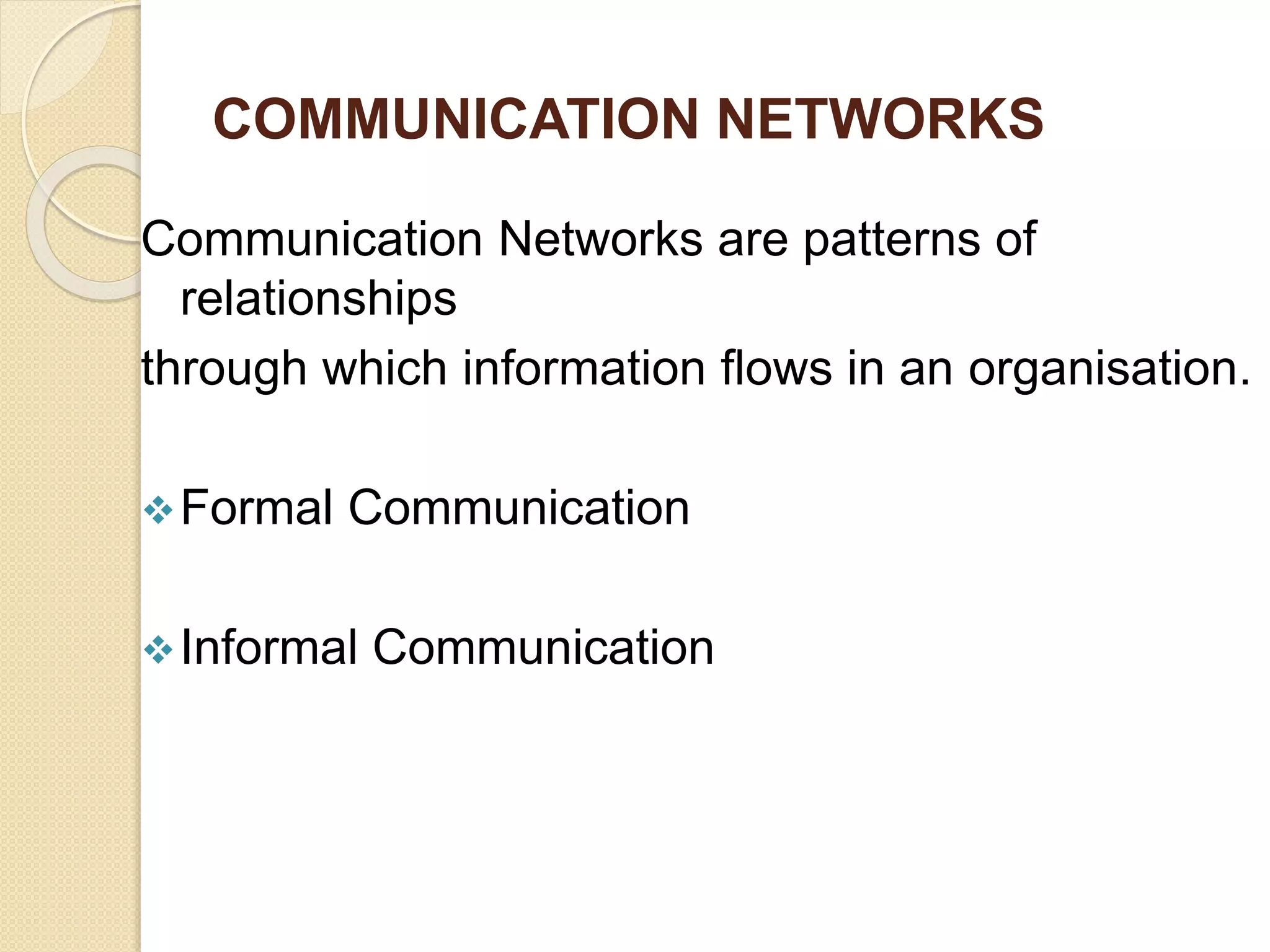 COMMUNICATION NETWORKS
Communication Networks are patterns of
relationships
through which information flows in an organisation.
Formal Communication
Informal Communication