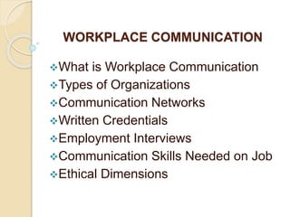 WORKPLACE COMMUNICATION
What is Workplace Communication
Types of Organizations
Communication Networks
Written Credentials
Employment Interviews
Communication Skills Needed on Job
Ethical Dimensions
 
