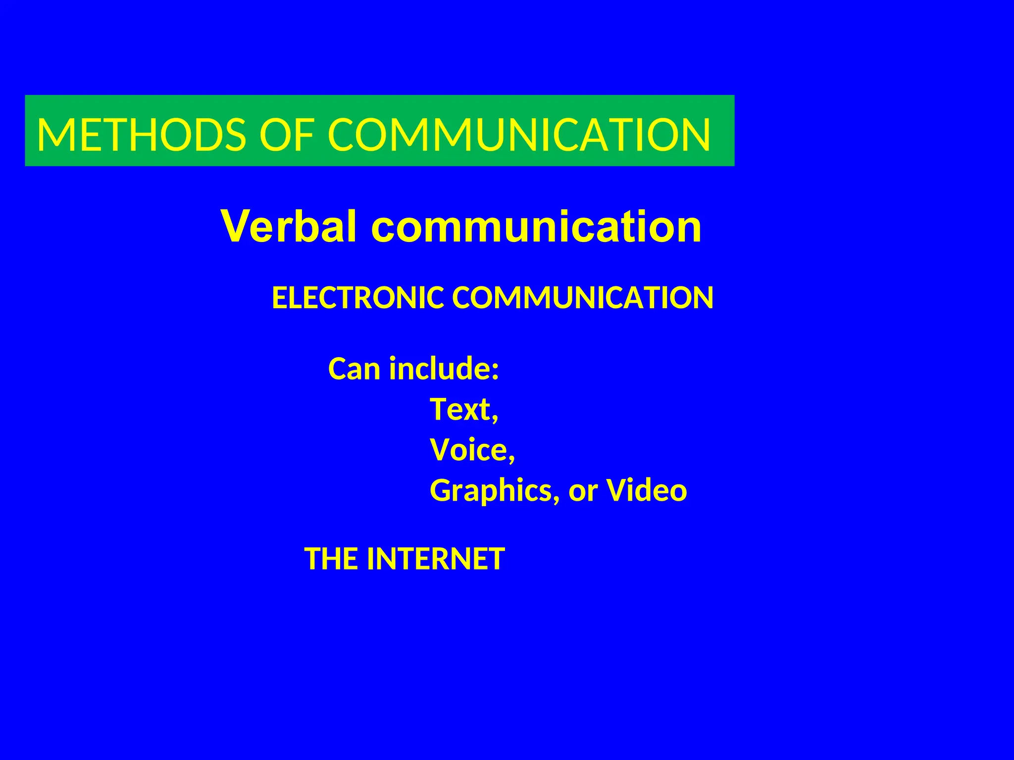 METHODS OF COMMUNICATION
Verbal communication
ELECTRONIC COMMUNICATION
Can include:
Text,
Voice,
Graphics, or Video
THE INTERNET
 