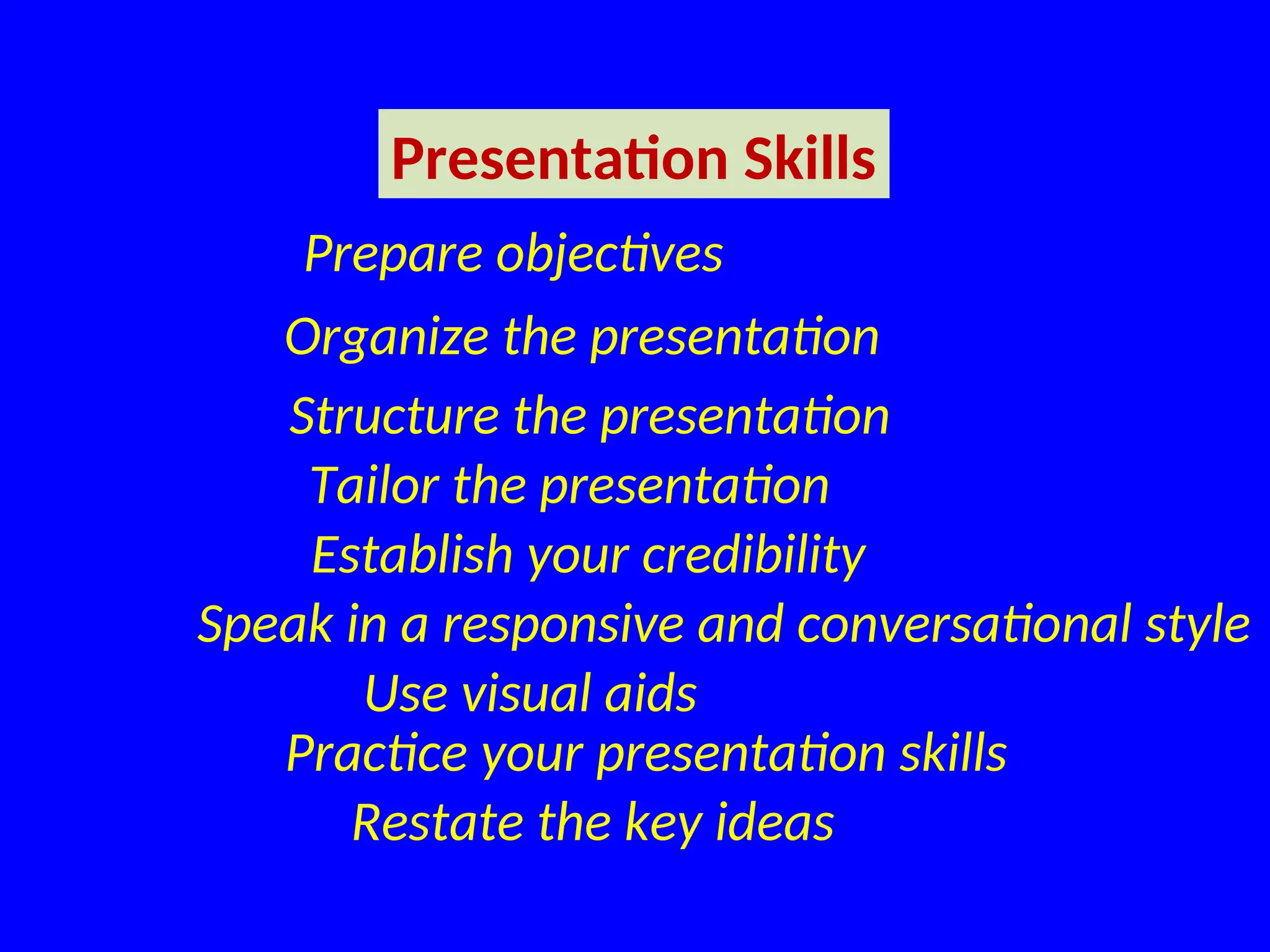 Presentation Skills
Prepare objectives
Organize the presentation
Structure the presentation
Tailor the presentation
Establish your credibility
Speak in a responsive and conversational style
Use visual aids
Practice your presentation skills
Restate the key ideas
 