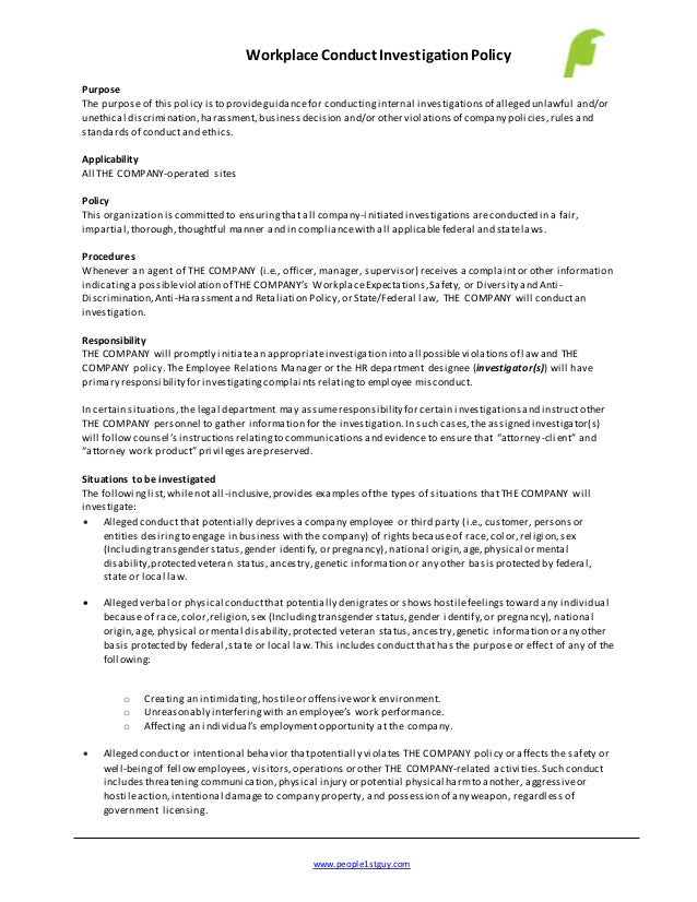 workplace conduct investigation policy example business policy example