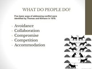 WHAT DO PEOPLE DO?
Five basic ways of addressing conflict were
identified by Thomas and Kilmann in 1976:
• Avoidance
• Collaboration
• Compromise
• Competition
• Accommodation
107
Date00.00.00Dr.Sarma-Conflictmanagement
107
 