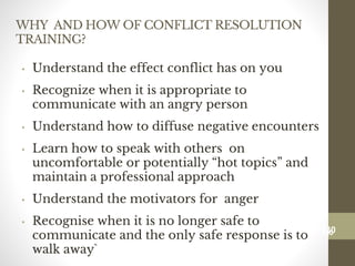 WHY AND HOW OF CONFLICT RESOLUTION
TRAINING?
• Understand the effect conflict has on you
• Recognize when it is appropriate to
communicate with an angry person
• Understand how to diffuse negative encounters
• Learn how to speak with others on
uncomfortable or potentially “hot topics” and
maintain a professional approach
• Understand the motivators for anger
• Recognise when it is no longer safe to
communicate and the only safe response is to
walk away`
130
Date00.00.00Dr.Sarma-Conflictmanagement
130
 