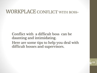 WORKPLACECONFLICT WITH BOSS-
Conflict with a difficult boss can be
daunting and intimidating.
Here are some tips to help you deal with
difficult bosses and supervisors.
132
Date00.00.00
132
Dr.Sarma-Conflictmanagement
 