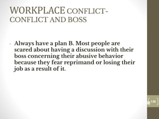 WORKPLACECONFLICT-
CONFLICT AND BOSS
• Always have a plan B. Most people are
scared about having a discussion with their
boss concerning their abusive behavior
because they fear reprimand or losing their
job as a result of it.
138
Date00.00.00
138
Dr.Sarma-Conflictmanagement
 