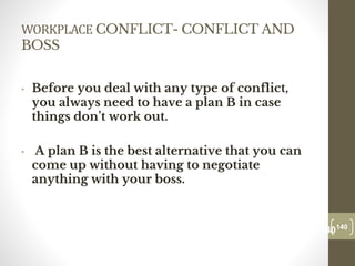 WORKPLACE CONFLICT- CONFLICT AND
BOSS
• Before you deal with any type of conflict,
you always need to have a plan B in case
things don’t work out.
• A plan B is the best alternative that you can
come up without having to negotiate
anything with your boss.
140
Date00.00.00
140
Dr.Sarma-Conflictmanagement
 
