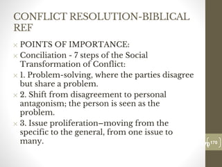 CONFLICT RESOLUTION-BIBLICAL
REF
✕ POINTS OF IMPORTANCE:
✕ Conciliation - 7 steps of the Social
Transformation of Conflict:
✕ 1. Problem-solving, where the parties disagree
but share a problem.
✕ 2. Shift from disagreement to personal
antagonism; the person is seen as the
problem.
✕ 3. Issue proliferation–moving from the
specific to the general, from one issue to
many. 170
Date00.00.00
170
Dr.Sarma-Conflictmanagement
 