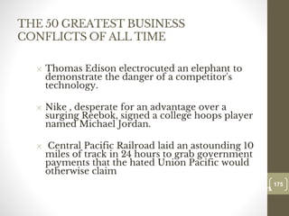 THE 50 GREATEST BUSINESS
CONFLICTS OF ALL TIME
✕ Thomas Edison electrocuted an elephant to
demonstrate the danger of a competitor's
technology.
✕ Nike , desperate for an advantage over a
surging Reebok, signed a college hoops player
named Michael Jordan.
✕ Central Pacific Railroad laid an astounding 10
miles of track in 24 hours to grab government
payments that the hated Union Pacific would
otherwise claim
175
Date00.00.00
175
Dr.Sarma-Conflictmanagement
 