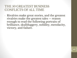 THE 50 GREATEST BUSINESS
CONFLICTS OF ALL TIME
• Rivalries make great stories, and the greatest
rivalries make the greatest tales -- reason
enough to read the following portraits of
brilliance, skullduggery, nobility, mendacity,
victory, and failure.
177
Date00.00.00
177
Dr.Sarma-Conflictmanagement
 
