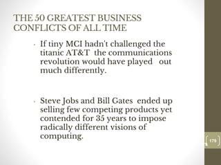 THE 50 GREATEST BUSINESS
CONFLICTS OF ALL TIME
• If tiny MCI hadn't challenged the
titanic AT&T the communications
revolution would have played out
much differently.
• Steve Jobs and Bill Gates ended up
selling few competing products yet
contended for 35 years to impose
radically different visions of
computing.
179
Date00.00.00
179
Dr.Sarma-Conflictmanagement
 