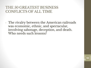 THE 50 GREATEST BUSINESS
CONFLICTS OF ALL TIME
• The rivalry between the American railroads
was economic, ethnic, and spectacular,
involving sabotage, deception, and death.
Who needs such lessons?
183
Date00.00.00
183
Dr.Sarma-Conflictmanagement
 