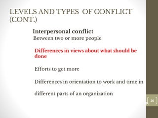 LEVELS AND TYPES OF CONFLICT
(CONT.)
Interpersonal conflict
Between two or more people
Differences in views about what should be
done
Efforts to get more
Differences in orientation to work and time in
different parts of an organization
36
Date00.00.00
36
Dr.Sarma-Conflictmanagement
 
