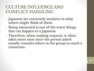 CULTURE INFLUENCE AND
CONFLICT HANDLING
• Japanese are extremely sensitive to what
others might think of them .
• Being ostracized is one of the worst things
that can happen to a Japanese
• Therefore, when making requests, it often
takes more time since the person asked
usually consults others in the group to reach a
consensus
96
Date00.00.00
96
Dr.Sarma-Conflictmanagement
 