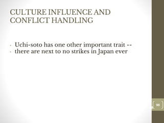 CULTURE INFLUENCE AND
CONFLICT HANDLING
• Uchi-soto has one other important trait --
• there are next to no strikes in Japan ever
98
Date00.00.00
98
Dr.Sarma-Conflictmanagement
 