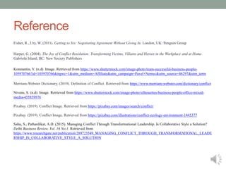 Reference
Fisher, R., Ury, W. (2011). Getting to Yes: Negotiating Agreement Without Giving In. London, UK: Penguin Group
Harper, G. (2004). The Joy of Conflict Resolution: Transforming Victims, Villains and Heroes in the Workplace and at Home.
Gabriola Island, BC: New Society Publishers
Konstantin, Y. (n.d). Image. Retrieved from https://www.shutterstock.com/image-photo/team-successful-business-people-
105970766?id=105970766&irgwc=1&utm_medium=Affiliate&utm_campaign=Pavel+Nemec&utm_source=46297&utm_term
Merriam-Webster Dictionary. (2019). Definition of Conflict. Retrieved from https://www.merriam-webster.com/dictionary/conflict
Nivens, S. (n.d). Image. Retrieved from https://www.shutterstock.com/image-photo/silhouettes-business-people-office-mixed-
media-455859976
Pixabay. (2019). Conflict Image. Retrieved from https://pixabay.com/images/search/conflict/
Pixabay. (2019). Conflict Image. Retrieved from https://pixabay.com/illustrations/conflict-ecology-environment-1445377
Sahu, S., Pathardikar, A.D. (2015). Managing Conflict Through Transformational Leadership. Is Collaborative Style a Solution?
Delhi Business Review, Vol. 16 No.1. Retrieved from
https://www.researchgate.net/publication/289723549_MANAGING_CONFLICT_THROUGH_TRANSFORMATIONAL_LEADE
RSHIP_IS_COLLABORATIVE_STYLE_A_SOLUTION
 