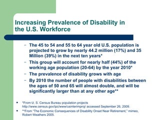 Increasing Prevalence of Disability in  the U.S. Workforce The 45 to 54 and 55 to 64 year old U.S. population is projected to grow by nearly 44.2 million (17%) and 35 Million (39%) in the next ten years* This group will account for nearly half (44%) of the working age population (20-64) by the year 2010* The prevalence of disability grows with age  By 2010 the number of people with disabilities between the ages of 50 and 65 will almost double, and will be significantly larger than at any other age** *From U. S. Census Bureau population projects  http://www.census.gov/ipc/www/usinterimproj/  accessed September 26, 2009. **From “The Economic Consequences of Disability Onset Near Retirement,” mimeo, Robert Weathers 2005. 