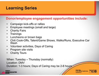 Learning Series
Donor/employee engagement opportunities include:
• Campaign kick-offs or rallies
• Employee meetings (smal...
