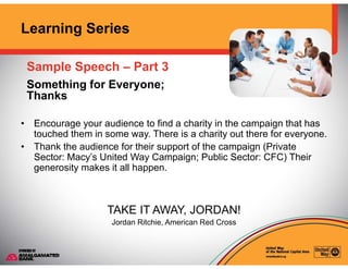 Learning Series
Sample Speech – Part 3
Something for Everyone;
Thanks
Sample Speech Part 3
• Encourage your audience to fi...