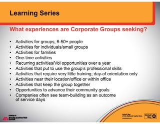 Learning Series
What experiences are Corporate Groups seeking?
• Activities for groups; 6-50+ people
• Activities for indi...