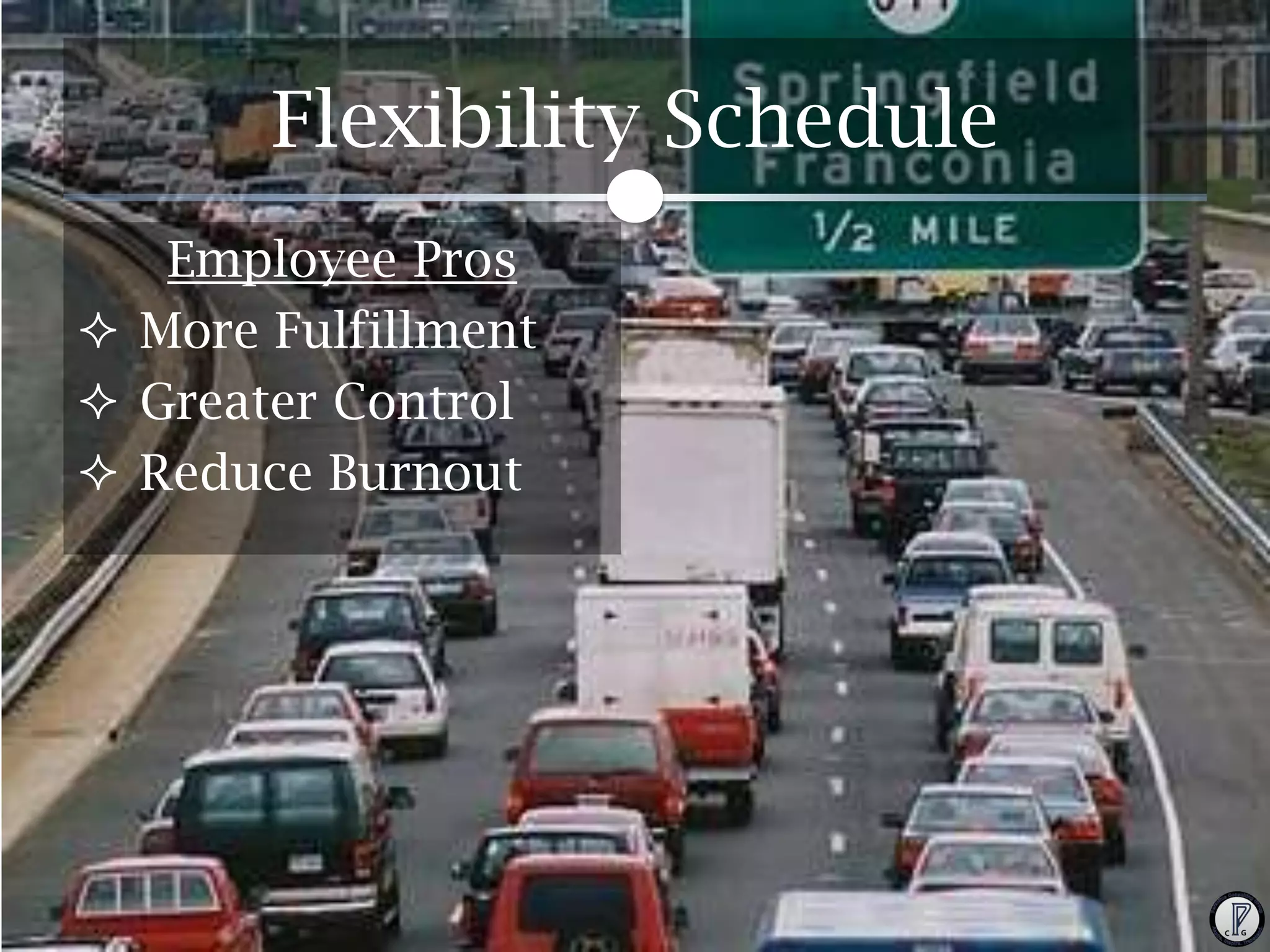 Flexibility Schedule
Employee Pros
 More Fulfillment
 Greater Control
 Reduce Burnout

 