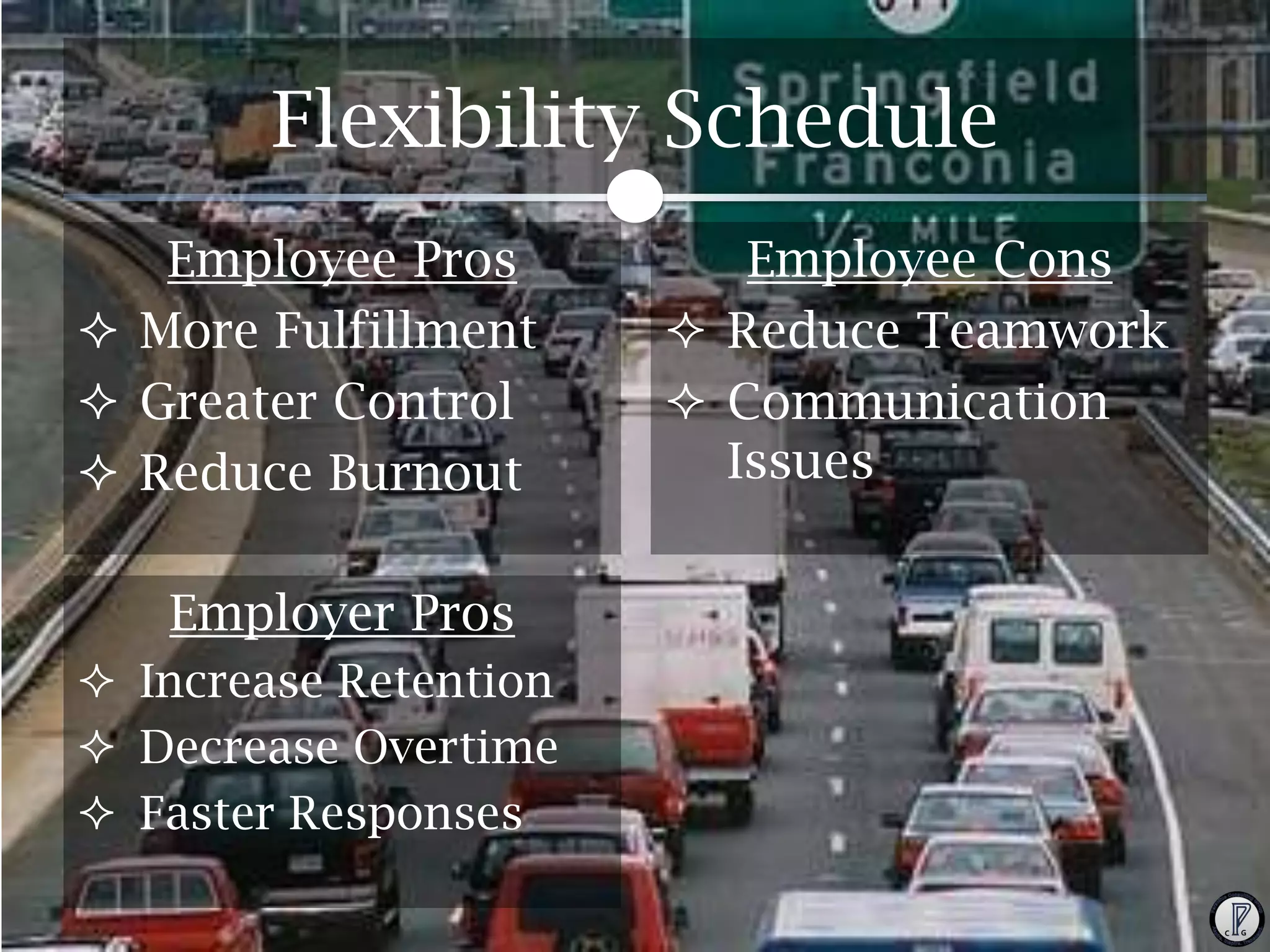 Flexibility Schedule
Employee Pros
 More Fulfillment
 Greater Control
 Reduce Burnout
Employer Pros
 Increase Retention
 Decrease Overtime
 Faster Responses

Employee Cons
 Reduce Teamwork
 Communication
Issues

 