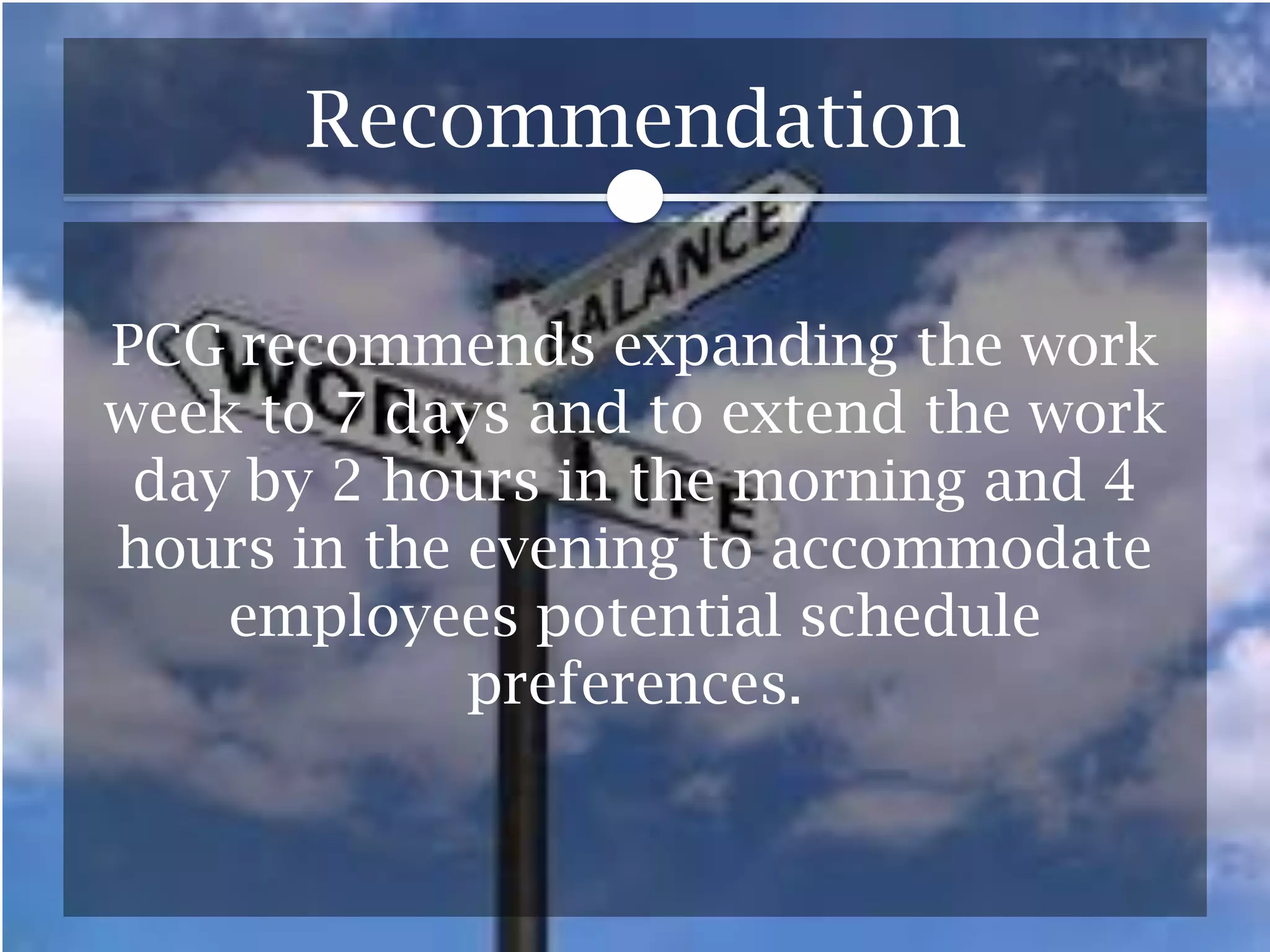 Recommendation
PCG recommends expanding the work
week to 7 days and to extend the work
day by 2 hours in the morning and 4
hours in the evening to accommodate
employees potential schedule
preferences.

 