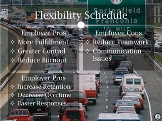 Flexibility Schedule
Employee Pros
 More Fulfillment
 Greater Control
 Reduce Burnout
Employer Pros
 Increase Retention
 Decrease Overtime
 Faster Responses

Employee Cons
 Reduce Teamwork
 Communication
Issues

 