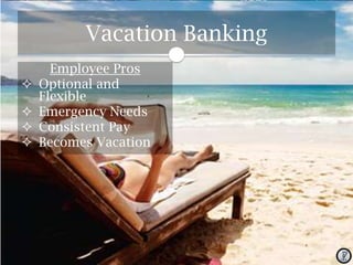 Vacation Banking





Employee Pros
Optional and
Flexible
Emergency Needs
Consistent Pay
Becomes Vacation

 