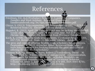 References
Friedman, D.E. (n.d.)Workplace flexibility: A guide for companies.
Families and Work Institute. Retrieved from:http://
familiesandwork.org/3w/tips/downloads/companies.pdf
Glazer, S. (2013). Telecommuting. CQ Researcher, 23 (26),
621-644.
Retrieved from CQ Electronic Library database.
Huppkel, R. (2013, April 29). Flexibility Act may be lacking elasticity bill
would allow workers to turn OT intocomp time, but is risky. South
Florida Sun – Sentinel, D4. Retrieved from ProQuest Database.
Koch, K. (1998). Flexible work arrangements. CQ Researcher, 8
(30),
697-720. Retrieved from CQ Electronic Library database.
The pros and cons of offering flexible work schedules for employees.
(September 24, 2012). Kreischer Miller. Retrieved from http://
www.kmco.com/articles/looking-forward/the-pros-and-cons-ofoffering-flexible-work-schedules/
Thomas W.H. Ng, Marcus M. Butts, Robert J. Vandenberg, David M.
DeJoy, Mark G. Wilson, Effects of management communication,
opportunity for learning, and work schedule flexibility on
organizational commitment, Journal of Vocational Behavior,
Volume 68, Issue 3, June 2006, Pages 474-489, ISSN 0001-8791,
http://dx.doi.org/10.1016/ j.jvb.2005.10.004.

 