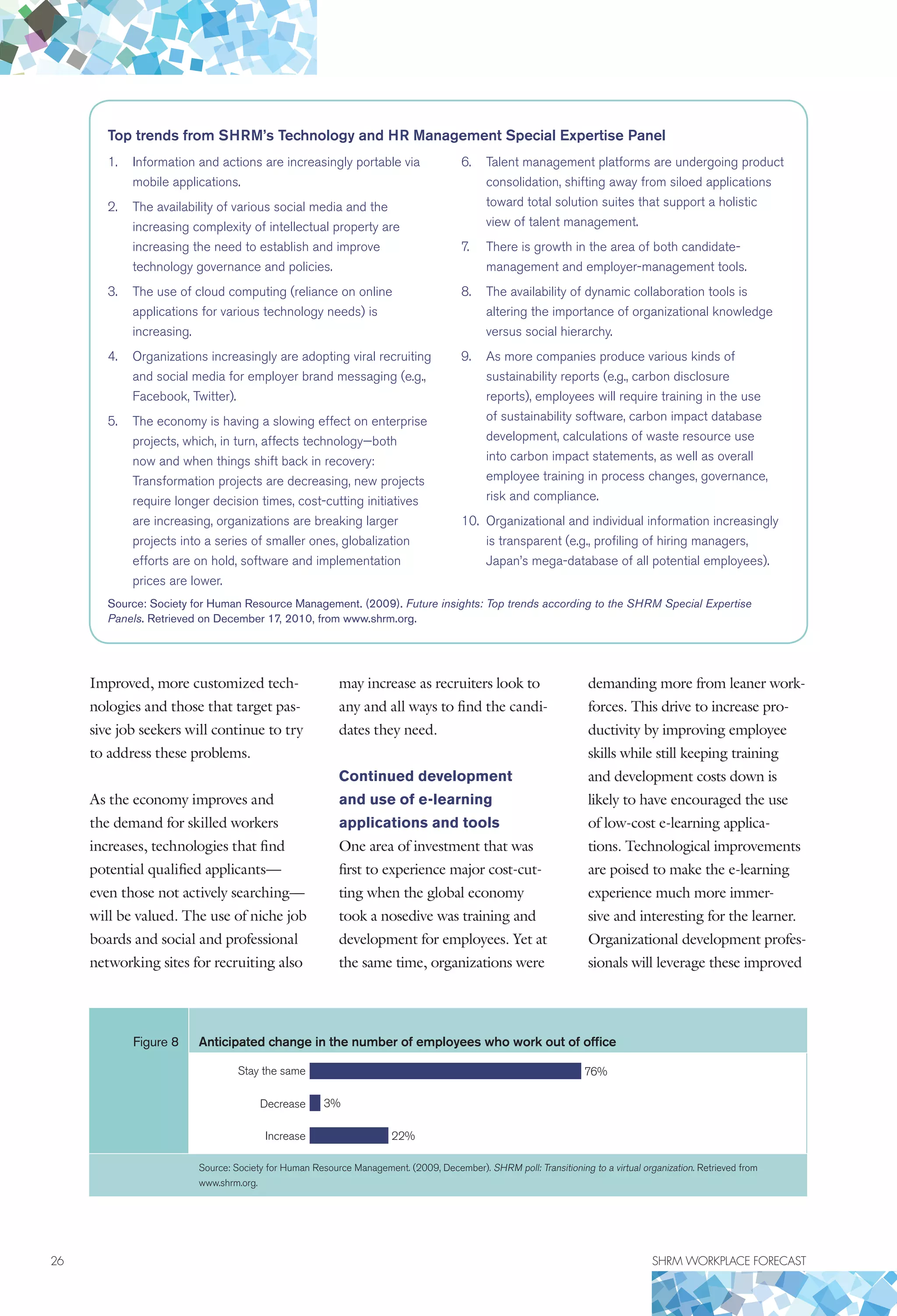 26	 SHRM WORKPLACE FORECAST
Improved, more customized tech-
nologies and those that target pas-
sive job seekers will continue to try
to address these problems.
As the economy improves and
the demand for skilled workers
increases, technologies that find
potential qualified applicants—
even those not actively searching—
will be valued. The use of niche job
boards and social and professional
networking sites for recruiting also
may increase as recruiters look to
any and all ways to find the candi-
dates they need.
Continued development
and use of e-learning
applications and tools
One area of investment that was
first to experience major cost-cut-
ting when the global economy
took a nosedive was training and
development for employees. Yet at
the same time, organizations were
demanding more from leaner work-
forces. This drive to increase pro-
ductivity by improving employee
skills while still keeping training
and development costs down is
likely to have encouraged the use
of low-cost e-learning applica-
tions. Technological improvements
are poised to make the e-learning
experience much more immer-
sive and interesting for the learner.
Organizational development profes-
sionals will leverage these improved
Figure 8 Anticipated change in the number of employees who work out of office
76%
3%Decrease
Stay the same
Increase 22%
Source: Society for Human Resource Management. (2009, December). SHRM poll: Transitioning to a virtual organization. Retrieved from
www.shrm.org.
Top trends from SHRM’s Technology and HR Management Special Expertise Panel
1.	 Information and actions are increasingly portable via
mobile applications.
2.	 The availability of various social media and the
increasing complexity of intellectual property are
increasing the need to establish and improve
technology governance and policies.
3.	 The use of cloud computing (reliance on online
applications for various technology needs) is
increasing.
4.	 Organizations increasingly are adopting viral recruiting
and social media for employer brand messaging (e.g.,
Facebook, Twitter).
5.	 The economy is having a slowing effect on enterprise
projects, which, in turn, affects technology—both
now and when things shift back in recovery:
Transformation projects are decreasing, new projects
require longer decision times, cost-cutting initiatives
are increasing, organizations are breaking larger
projects into a series of smaller ones, globalization
efforts are on hold, software and implementation
prices are lower.
6.	 Talent management platforms are undergoing product
consolidation, shifting away from siloed applications
toward total solution suites that support a holistic
view of talent management.
7.	 There is growth in the area of both candidate-
management and employer-management tools.
8.	 The availability of dynamic collaboration tools is
altering the importance of organizational knowledge
versus social hierarchy.
9.	 As more companies produce various kinds of
sustainability reports (e.g., carbon disclosure
reports), employees will require training in the use
of sustainability software, carbon impact database
development, calculations of waste resource use
into carbon impact statements, as well as overall
employee training in process changes, governance,
risk and compliance.
10.	 Organizational and individual information increasingly
is transparent (e.g., profiling of hiring managers,
Japan’s mega-database of all potential employees).
Source: Society for Human Resource Management. (2009). Future insights: Top trends according to the SHRM Special Expertise
Panels. Retrieved on December 17, 2010, from www.shrm.org.
 