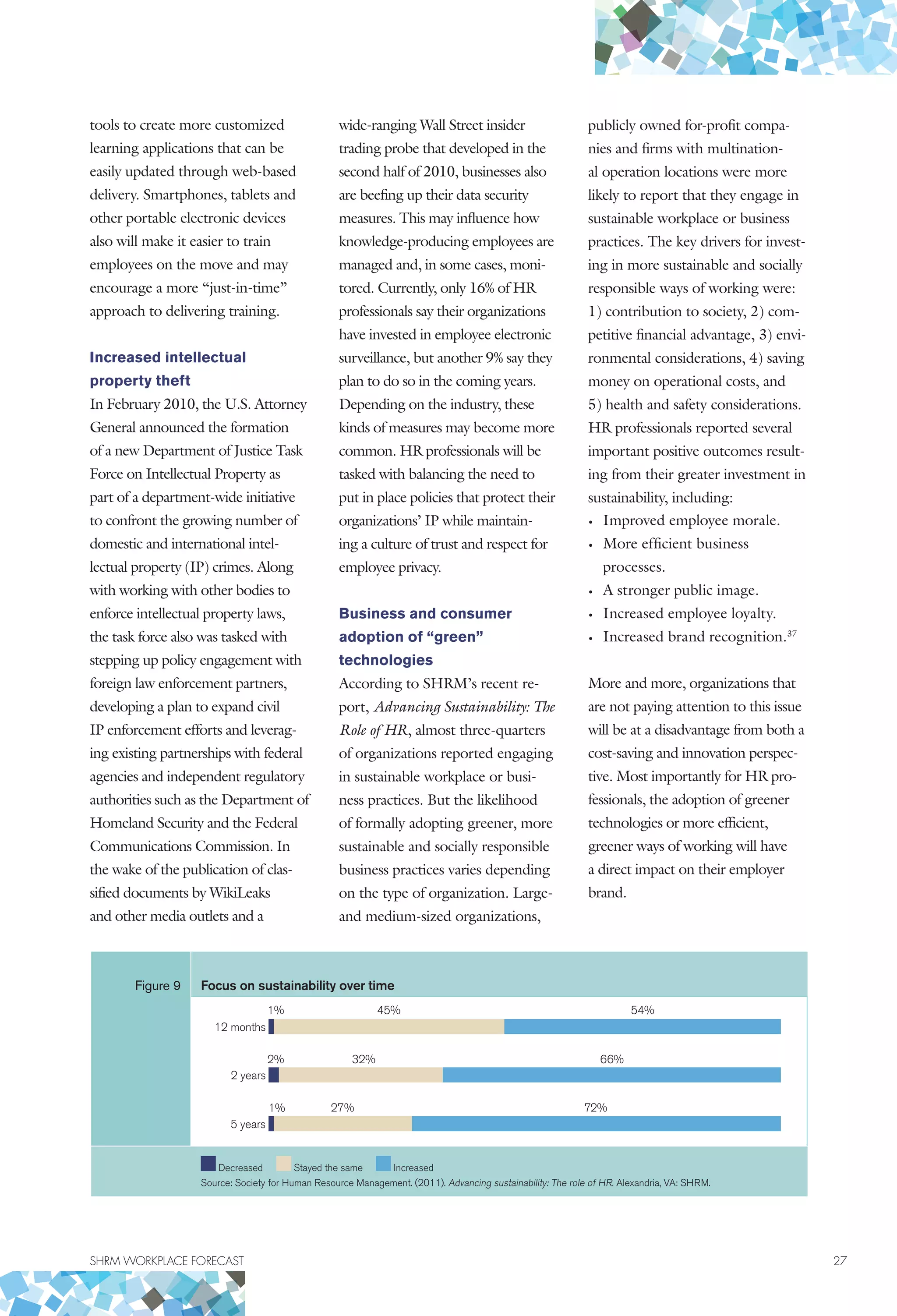 SHRM WORKPLACE FORECAST	 27
tools to create more customized
learning applications that can be
easily updated through web-based
delivery. Smartphones, tablets and
other portable electronic devices
also will make it easier to train
employees on the move and may
encourage a more “just-in-time”
approach to delivering training.
Increased intellectual
property theft
In February 2010, the U.S. Attorney
General announced the formation
of a new Department of Justice Task
Force on Intellectual Property as
part of a department-wide initiative
to confront the growing number of
domestic and international intel-
lectual property (IP) crimes. Along
with working with other bodies to
enforce intellectual property laws,
the task force also was tasked with
stepping up policy engagement with
foreign law enforcement partners,
developing a plan to expand civil
IP enforcement efforts and leverag-
ing existing partnerships with federal
agencies and independent regulatory
authorities such as the Department of
Homeland Security and the Federal
Communications Commission. In
the wake of the publication of clas-
sified documents by WikiLeaks
and other media outlets and a
wide-ranging Wall Street insider
trading probe that developed in the
second half of 2010, businesses also
are beefing up their data security
measures. This may influence how
knowledge-producing employees are
managed and, in some cases, moni-
tored. Currently, only 16% of HR
professionals say their organizations
have invested in employee electronic
surveillance, but another 9% say they
plan to do so in the coming years.
Depending on the industry, these
kinds of measures may become more
common. HR professionals will be
tasked with balancing the need to
put in place policies that protect their
organizations’ IP while maintain-
ing a culture of trust and respect for
employee privacy.
Business and consumer
adoption of “green”
technologies
According to SHRM’s recent re-
port, Advancing Sustainability: The
Role of HR, almost three-quarters
of organizations reported engaging
in sustainable workplace or busi-
ness practices. But the likelihood
of formally adopting greener, more
sustainable and socially responsible
business practices varies depending
on the type of organization. Large-
and medium-sized organizations,
publicly owned for-profit compa-
nies and firms with multination-
al operation locations were more
likely to report that they engage in
sustainable workplace or business
practices. The key drivers for invest-
ing in more sustainable and socially
responsible ways of working were:
1) contribution to society, 2) com-
petitive financial advantage, 3) envi-
ronmental considerations, 4) saving
money on operational costs, and
5) health and safety considerations.
HR professionals reported several
important positive outcomes result-
ing from their greater investment in
sustainability, including:
•	 Improved employee morale.
•	 More efficient business
processes.
•	 A stronger public image.
•	 Increased employee loyalty.
•	 Increased brand recognition.37
More and more, organizations that
are not paying attention to this issue
will be at a disadvantage from both a
cost-saving and innovation perspec-
tive. Most importantly for HR pro-
fessionals, the adoption of greener
technologies or more efficient,
greener ways of working will have
a direct impact on their employer
brand.
Figure 9 Focus on sustainability over time
32%2% 66%
2 years
1% 27% 72%
5 years
12 months
54%1% 45%
Decreased Stayed the same Increased
Source: Society for Human Resource Management. (2011). Advancing sustainability: The role of HR. Alexandria, VA: SHRM.
 
