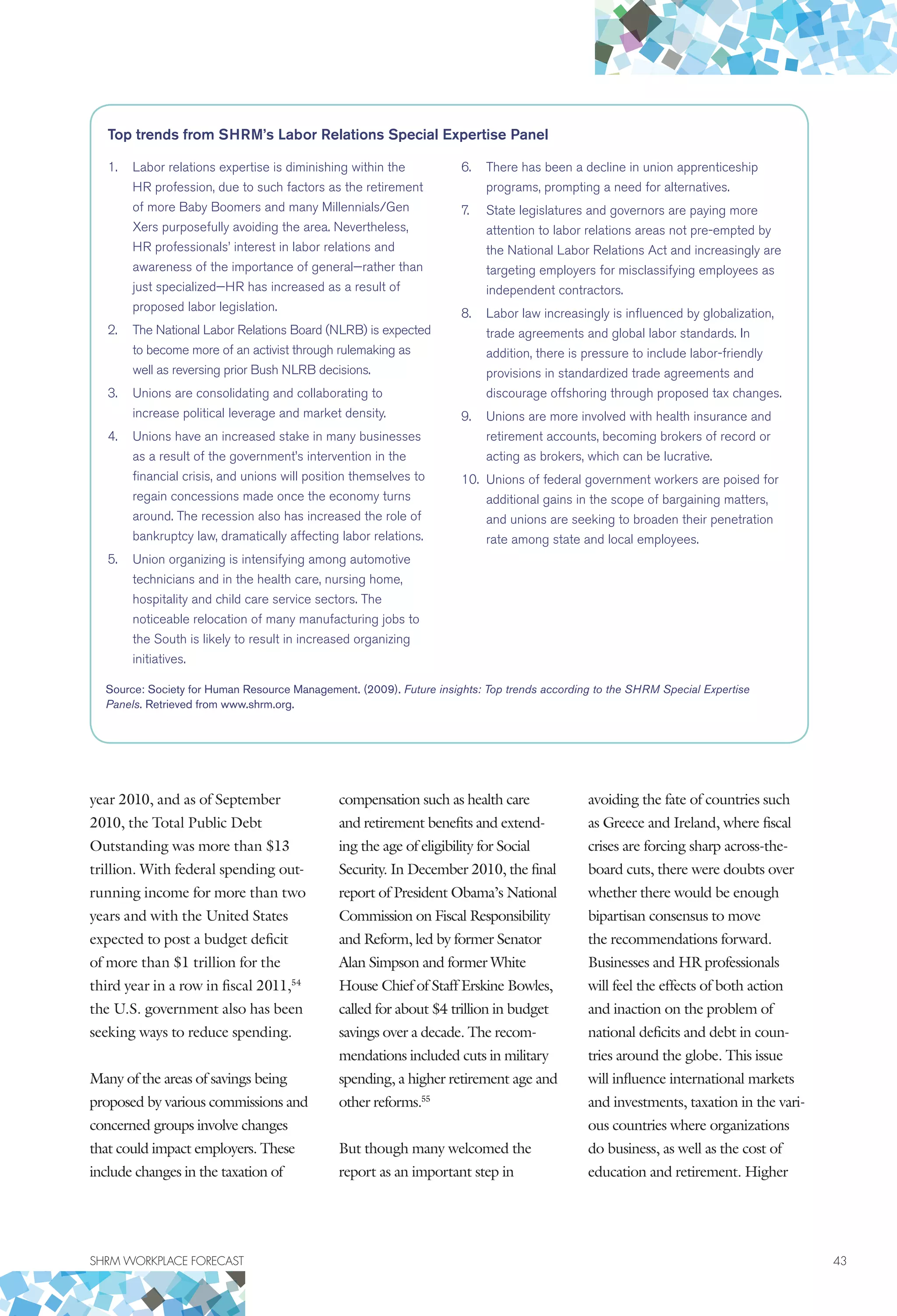 SHRM WORKPLACE FORECAST	 43
year 2010, and as of September
2010, the Total Public Debt
Outstanding was more than $13
trillion. With federal spending out-
running income for more than two
years and with the United States
expected to post a budget deficit
of more than $1 trillion for the
third year in a row in fiscal 2011,54
the U.S. government also has been
seeking ways to reduce spending.
Many of the areas of savings being
proposed by various commissions and
concerned groups involve changes
that could impact employers. These
include changes in the taxation of
compensation such as health care
and retirement benefits and extend-
ing the age of eligibility for Social
Security. In December 2010, the final
report of President Obama’s National
Commission on Fiscal Responsibility
and Reform, led by former Senator
Alan Simpson and former White
House Chief of Staff Erskine Bowles,
called for about $4 trillion in budget
savings over a decade. The recom-
mendations included cuts in military
spending, a higher retirement age and
other reforms.55
But though many welcomed the
report as an important step in
avoiding the fate of countries such
as Greece and Ireland, where fiscal
crises are forcing sharp across-the-
board cuts, there were doubts over
whether there would be enough
bipartisan consensus to move
the recommendations forward.
Businesses and HR professionals
will feel the effects of both action
and inaction on the problem of
national deficits and debt in coun-
tries around the globe. This issue
will influence international markets
and investments, taxation in the vari-
ous countries where organizations
do business, as well as the cost of
education and retirement. Higher
Top trends from SHRM’s Labor Relations Special Expertise Panel
1.	 Labor relations expertise is diminishing within the
HR profession, due to such factors as the retirement
of more Baby Boomers and many Millennials/Gen
Xers purposefully avoiding the area. Nevertheless,
HR professionals’ interest in labor relations and
awareness of the importance of general—rather than
just specialized—HR has increased as a result of
proposed labor legislation.
2.	 The National Labor Relations Board (NLRB) is expected
to become more of an activist through rulemaking as
well as reversing prior Bush NLRB decisions.
3.	 Unions are consolidating and collaborating to
increase political leverage and market density.
4.	 Unions have an increased stake in many businesses
as a result of the government’s intervention in the
financial crisis, and unions will position themselves to
regain concessions made once the economy turns
around. The recession also has increased the role of
bankruptcy law, dramatically affecting labor relations.
5.	 Union organizing is intensifying among automotive
technicians and in the health care, nursing home,
hospitality and child care service sectors. The
noticeable relocation of many manufacturing jobs to
the South is likely to result in increased organizing
initiatives.
6.	 There has been a decline in union apprenticeship
programs, prompting a need for alternatives.
7.	 State legislatures and governors are paying more
attention to labor relations areas not pre-empted by
the National Labor Relations Act and increasingly are
targeting employers for misclassifying employees as
independent contractors.
8.	 Labor law increasingly is influenced by globalization,
trade agreements and global labor standards. In
addition, there is pressure to include labor-friendly
provisions in standardized trade agreements and
discourage offshoring through proposed tax changes.
9.	 Unions are more involved with health insurance and
retirement accounts, becoming brokers of record or
acting as brokers, which can be lucrative.
10.	 Unions of federal government workers are poised for
additional gains in the scope of bargaining matters,
and unions are seeking to broaden their penetration
rate among state and local employees.
Source: Society for Human Resource Management. (2009). Future insights: Top trends according to the SHRM Special Expertise
Panels. Retrieved from www.shrm.org.
 