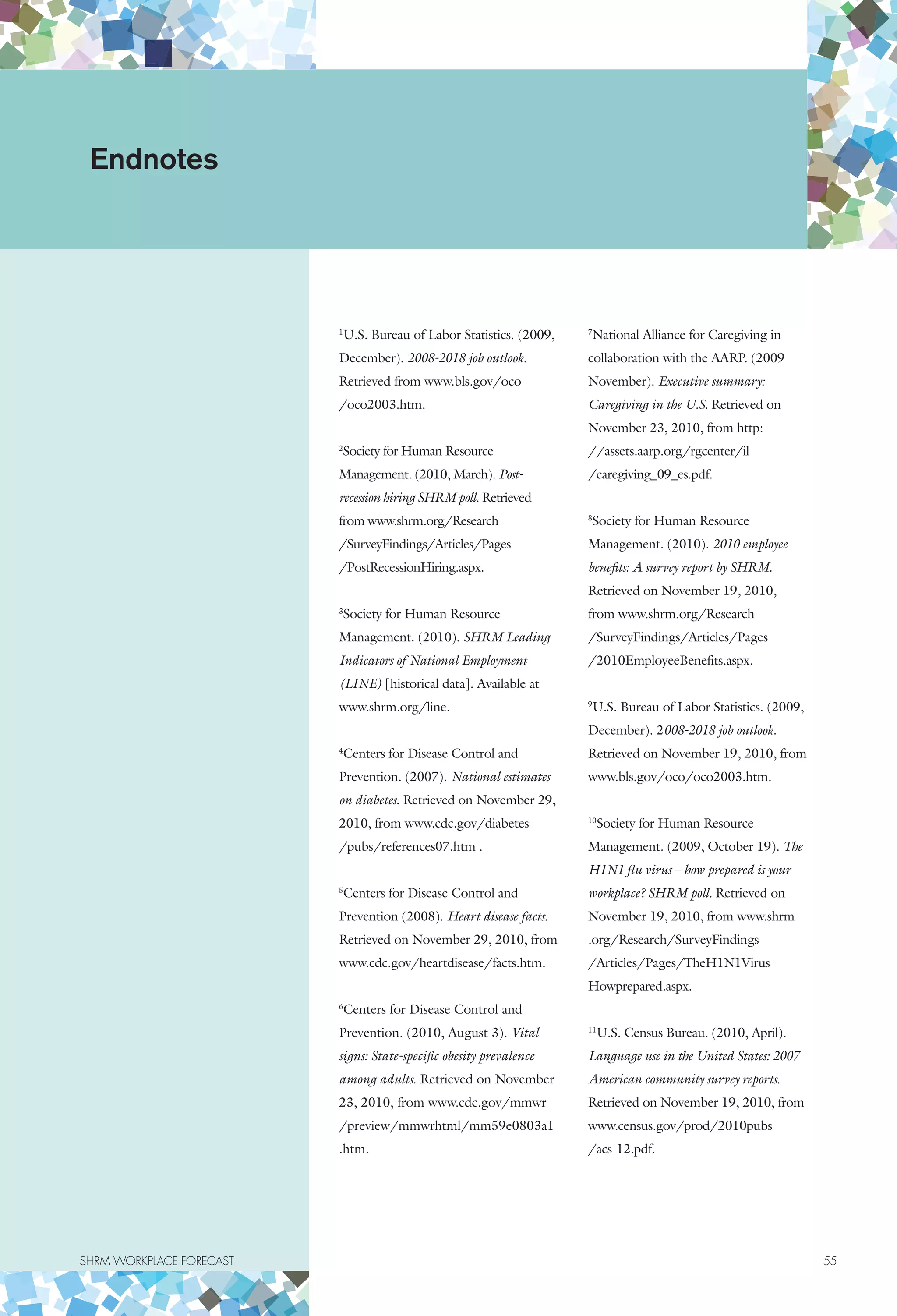 SHRM WORKPLACE FORECAST	 55
1
U.S. Bureau of Labor Statistics. (2009,
December). 2008-2018 job outlook.
Retrieved from www.bls.gov/oco
/oco2003.htm.
2
Society for Human Resource
Management. (2010, March). Post-
recession hiring SHRM poll. Retrieved
from www.shrm.org/Research
/SurveyFindings/Articles/Pages
/PostRecessionHiring.aspx.
3
Society for Human Resource
Management. (2010). SHRM Leading
Indicators of National Employment
(LINE) [historical data]. Available at
www.shrm.org/line.
4
Centers for Disease Control and
Prevention. (2007). National estimates
on diabetes. Retrieved on November 29,
2010, from www.cdc.gov/diabetes
/pubs/references07.htm .
5
Centers for Disease Control and
Prevention (2008). Heart disease facts.
Retrieved on November 29, 2010, from
www.cdc.gov/heartdisease/facts.htm.
6
Centers for Disease Control and
Prevention. (2010, August 3). Vital
signs: State-specific obesity prevalence
among adults. Retrieved on November
23, 2010, from www.cdc.gov/mmwr
/preview/mmwrhtml/mm59e0803a1
.htm.
7
National Alliance for Caregiving in
collaboration with the AARP. (2009
November). Executive summary:
Caregiving in the U.S. Retrieved on
November 23, 2010, from http:
//assets.aarp.org/rgcenter/il
/caregiving_09_es.pdf.
8
Society for Human Resource
Management. (2010). 2010 employee
benefits: A survey report by SHRM.
Retrieved on November 19, 2010,
from www.shrm.org/Research
/SurveyFindings/Articles/Pages
/2010EmployeeBenefits.aspx.
9
U.S. Bureau of Labor Statistics. (2009,
December). 2008-2018 job outlook.
Retrieved on November 19, 2010, from
www.bls.gov/oco/oco2003.htm.
10
Society for Human Resource
Management. (2009, October 19). The
H1N1 flu virus – how prepared is your
workplace? SHRM poll. Retrieved on
November 19, 2010, from www.shrm
.org/Research/SurveyFindings
/Articles/Pages/TheH1N1Virus
Howprepared.aspx.
11
U.S. Census Bureau. (2010, April).
Language use in the United States: 2007
American community survey reports.
Retrieved on November 19, 2010, from
www.census.gov/prod/2010pubs
/acs-12.pdf.
Endnotes
 