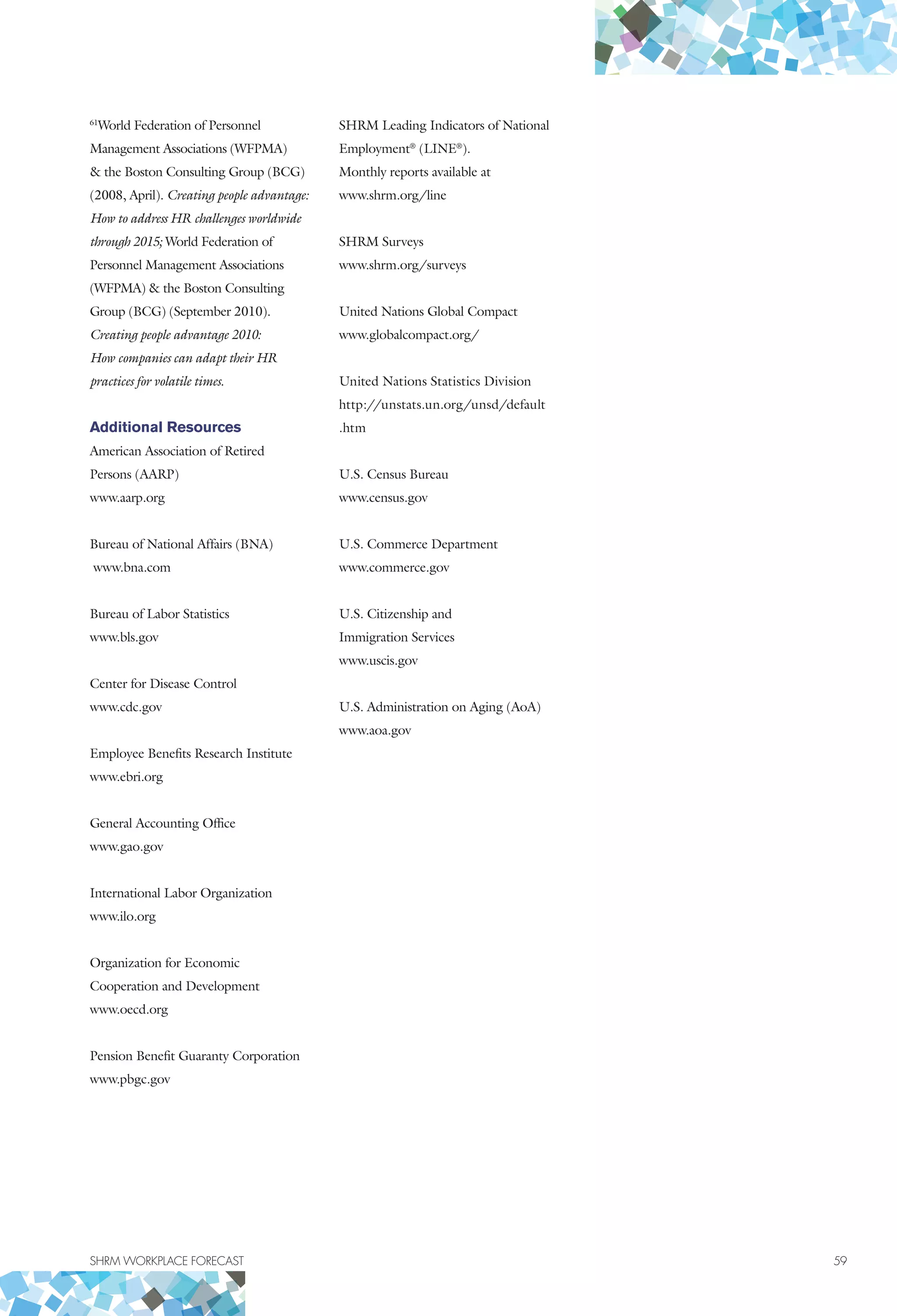 SHRM WORKPLACE FORECAST	 59
61
World Federation of Personnel
Management Associations (WFPMA)
 the Boston Consulting Group (BCG)
(2008, April). Creating people advantage:
How to address HR challenges worldwide
through 2015; World Federation of
Personnel Management Associations
(WFPMA)  the Boston Consulting
Group (BCG) (September 2010).
Creating people advantage 2010:
How companies can adapt their HR
practices for volatile times.
Additional Resources
American Association of Retired
Persons (AARP)
www.aarp.org
Bureau of National Affairs (BNA)
www.bna.com
Bureau of Labor Statistics
www.bls.gov
Center for Disease Control
www.cdc.gov
Employee Benefits Research Institute
www.ebri.org
General Accounting Office
www.gao.gov
International Labor Organization
www.ilo.org
Organization for Economic
Cooperation and Development
www.oecd.org
Pension Benefit Guaranty Corporation
www.pbgc.gov
SHRM Leading Indicators of National
Employment®
(LINE®
).
Monthly reports available at
www.shrm.org/line
SHRM Surveys
www.shrm.org/surveys
United Nations Global Compact
www.globalcompact.org/
United Nations Statistics Division
http://unstats.un.org/unsd/default
.htm
U.S. Census Bureau
www.census.gov
U.S. Commerce Department
www.commerce.gov
U.S. Citizenship and
Immigration Services
www.uscis.gov
U.S. Administration on Aging (AoA)
www.aoa.gov
 