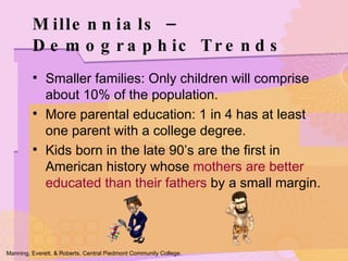 Smaller families: Only children will comprise about 10% of the population. More parental education: 1 in 4 has at least one parent with a college degree. Kids born in the late 90’s are the first in American history whose  mothers are better educated than their fathers  by a small margin. Millennials – Demographic Trends Manning, Everett, & Roberts. Central Piedmont Community College. 