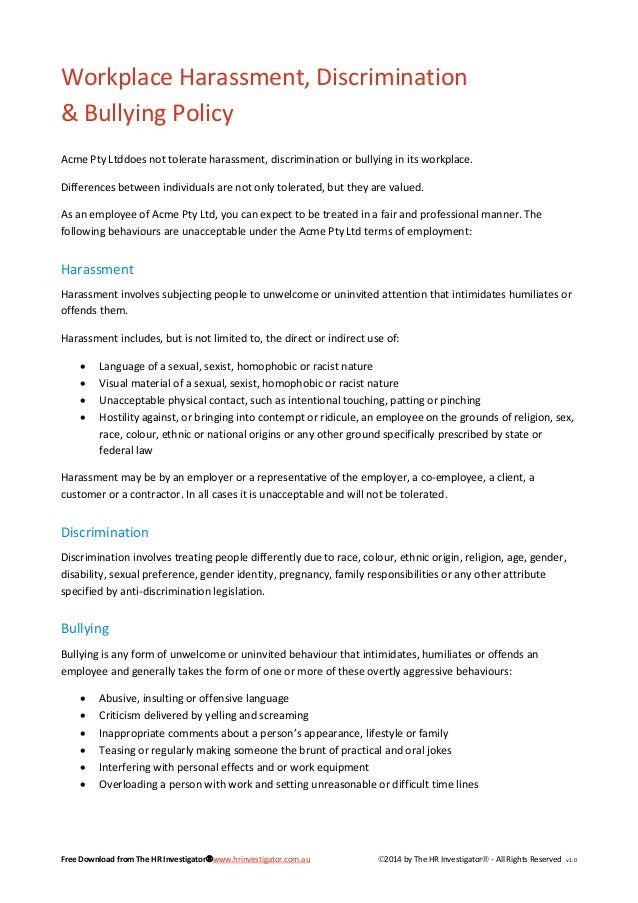 Workplace Harassment Discrimination Bullying Policy sample Workplace Harassment Discrimination Bullying Policy sample